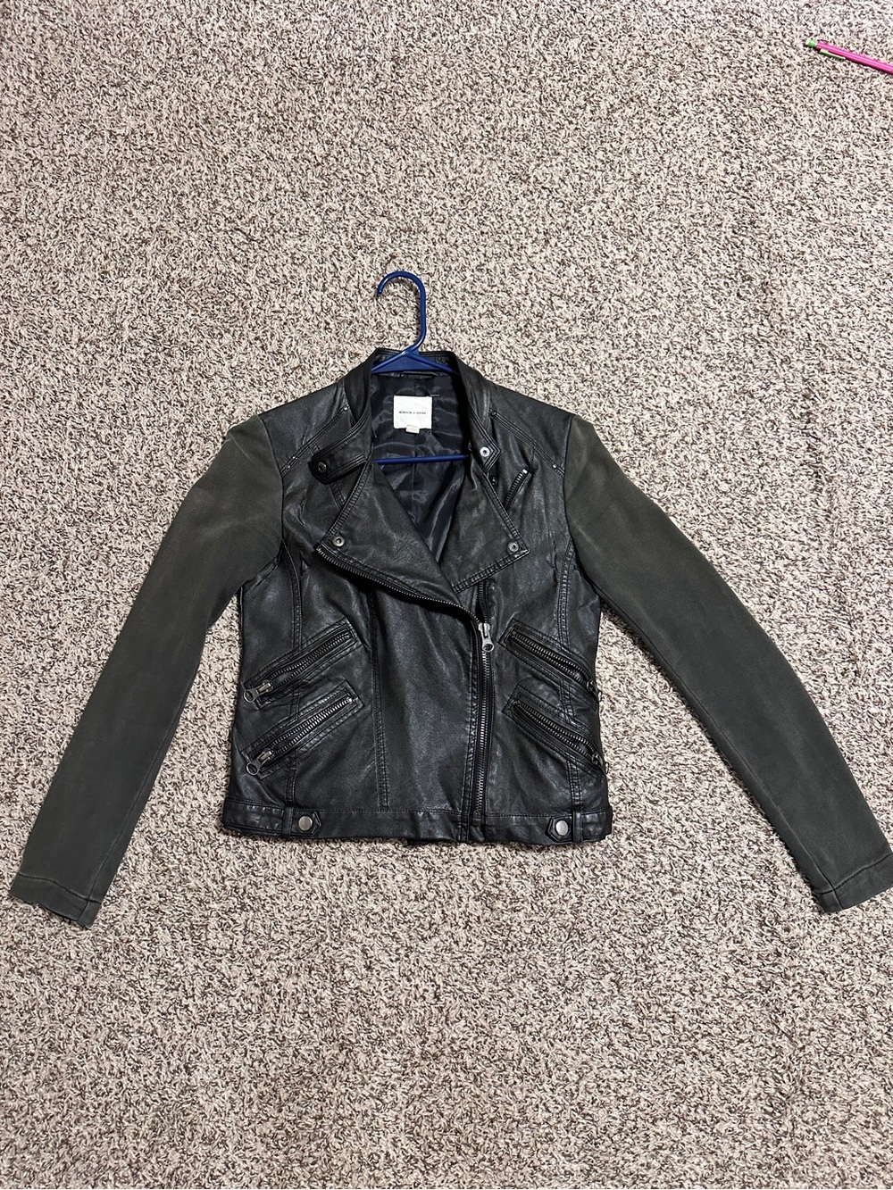 silence + noise black leather moto jacket with olive sleeves